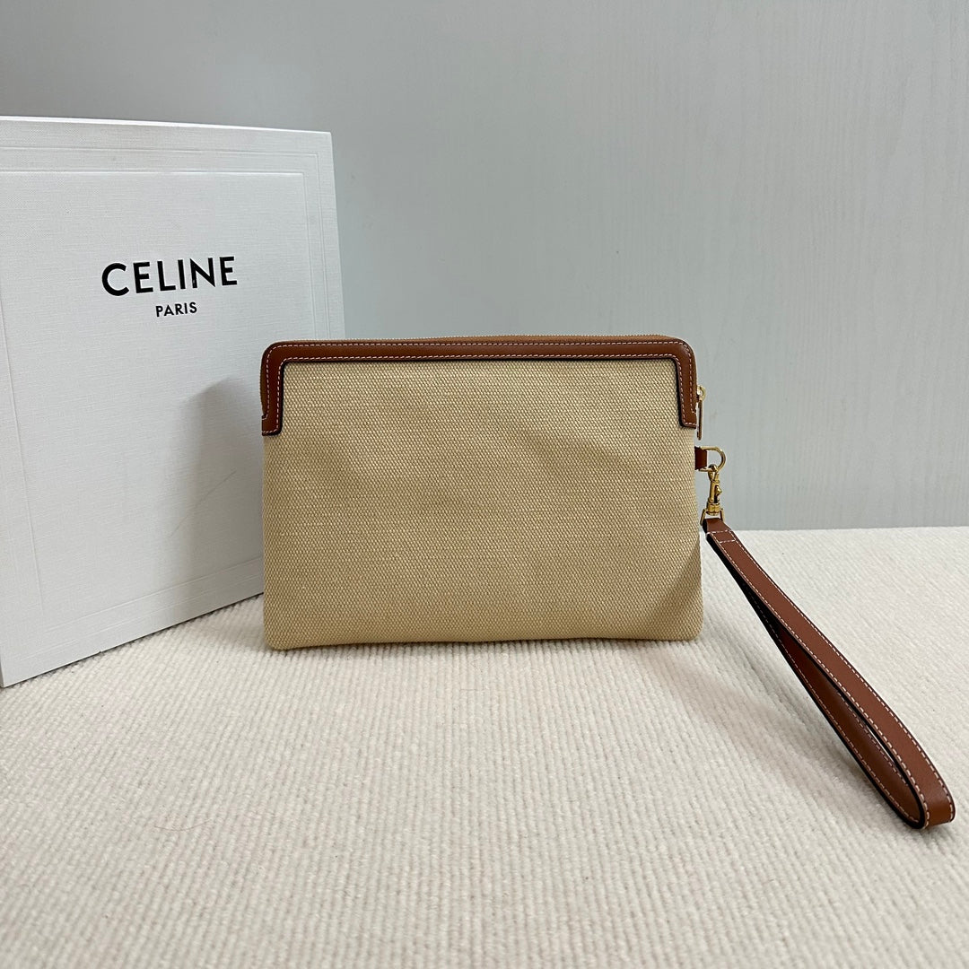 CELINE SMALL POUCH 25 IN BEIGE CANVAS AND BROWN CALFSKIN