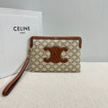 CELINE SMALL POUCH 25 IN BEIGE TRIOMPHE TEXTILE AND BROWN CALFSKIN