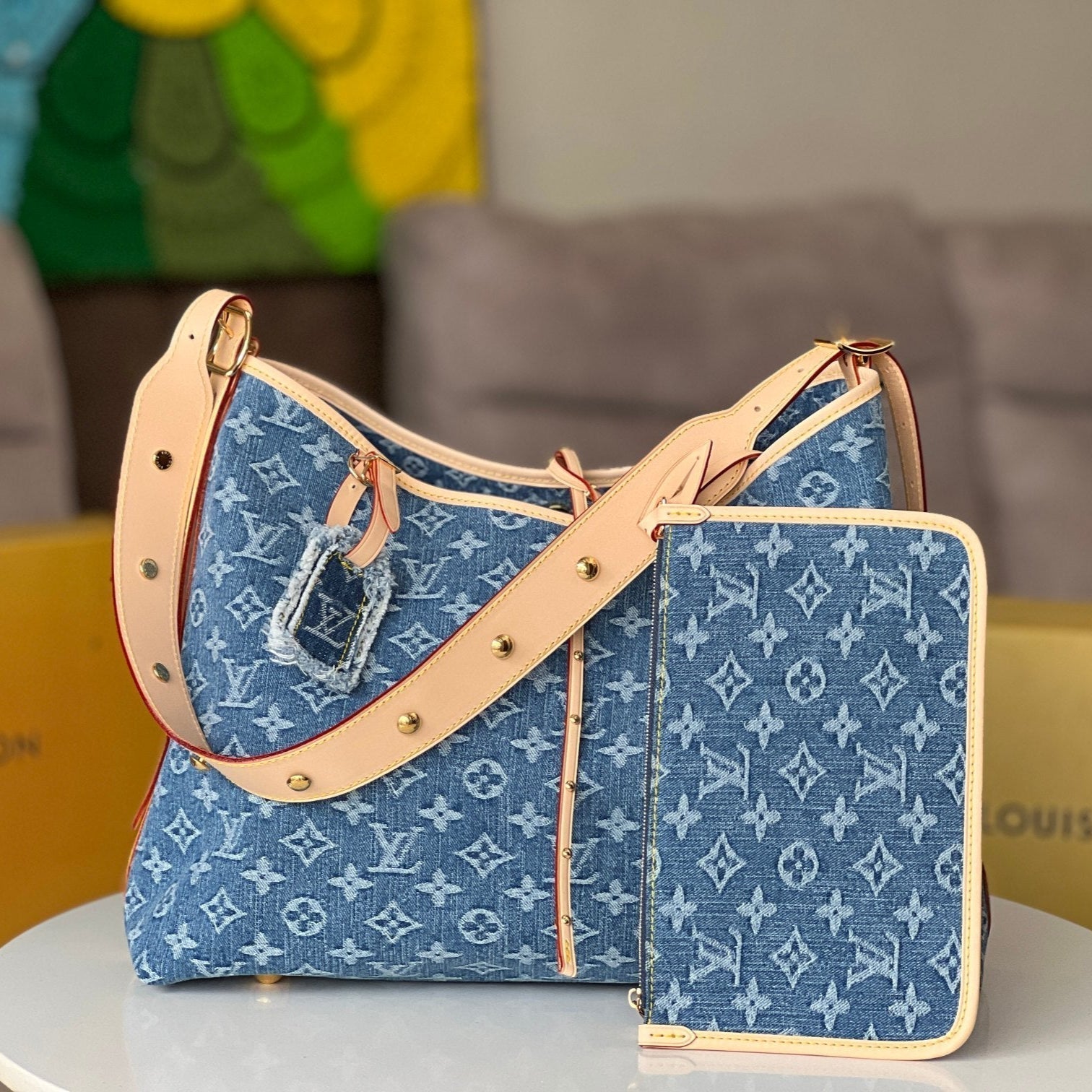 LOUIS VUITTON LV 25S CARRYALL 39 IN BLUE DENIM MONOGRAM LEATHER TRIM