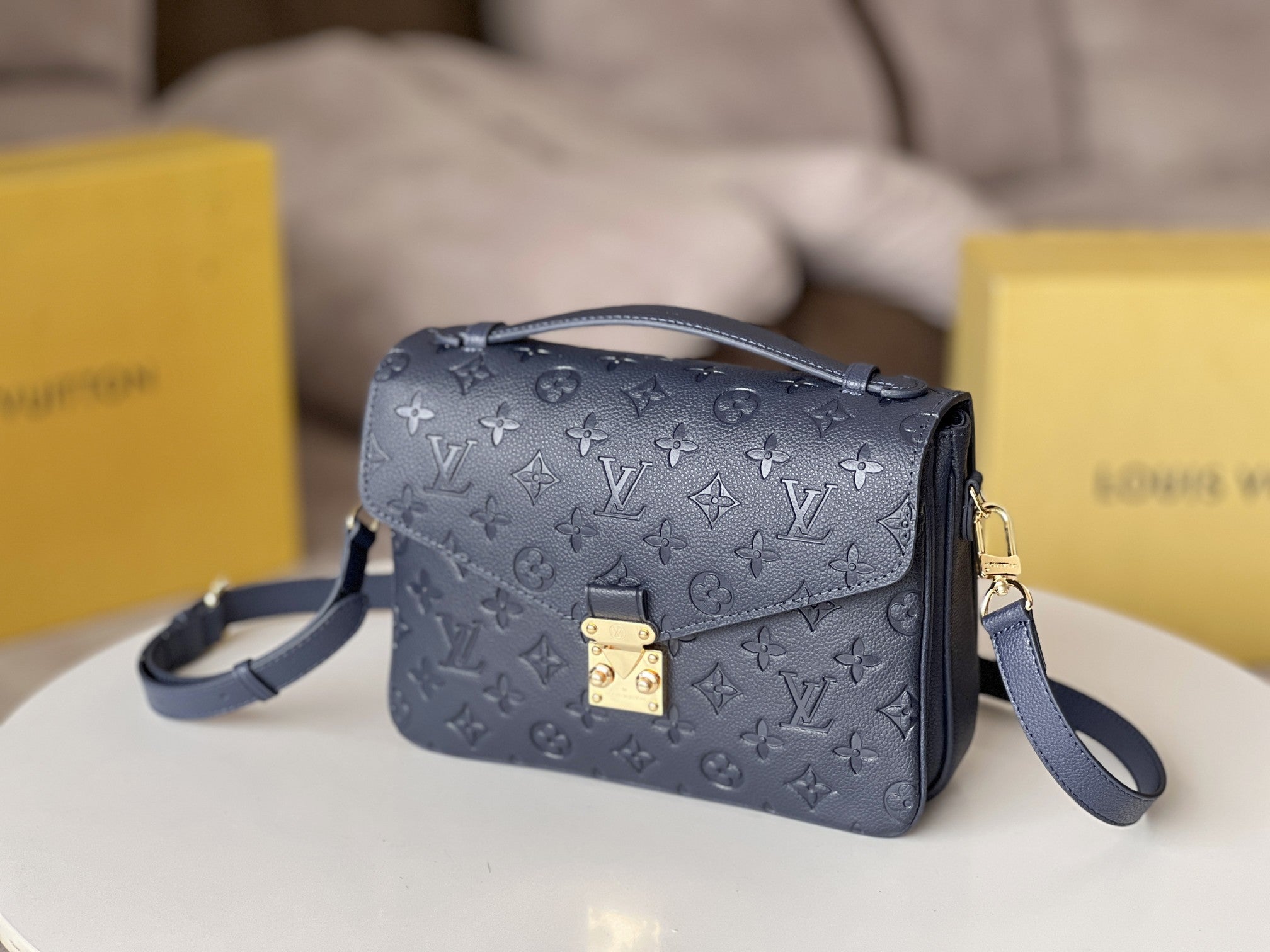 LOUIS VUITTON LV 25S POCHETTE METIS 25 IN DARK BLUE MONOGRAM COATED CANVAS GOLD HARDWARE