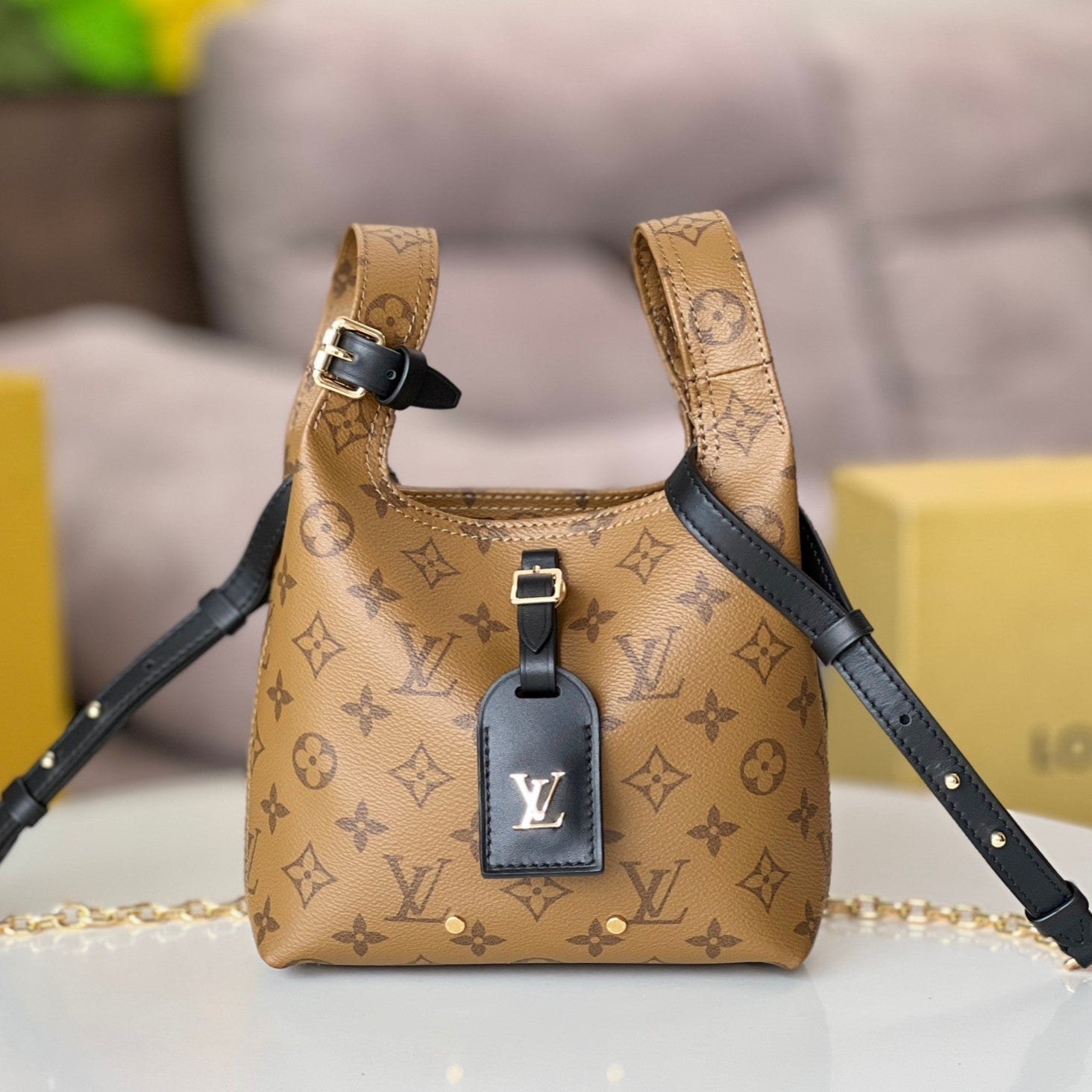 LOUIS VUITTON LV 25S ATLANTIS BB 17 IN CARAMEL BEIGE MONOGRAM COATED CANVAS LEATHER TRIM BLACK