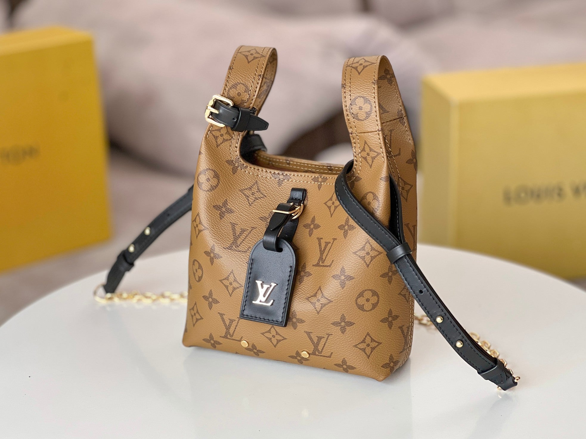 LOUIS VUITTON LV 25S ATLANTIS BB 17 IN CARAMEL BEIGE MONOGRAM COATED CANVAS LEATHER TRIM BLACK