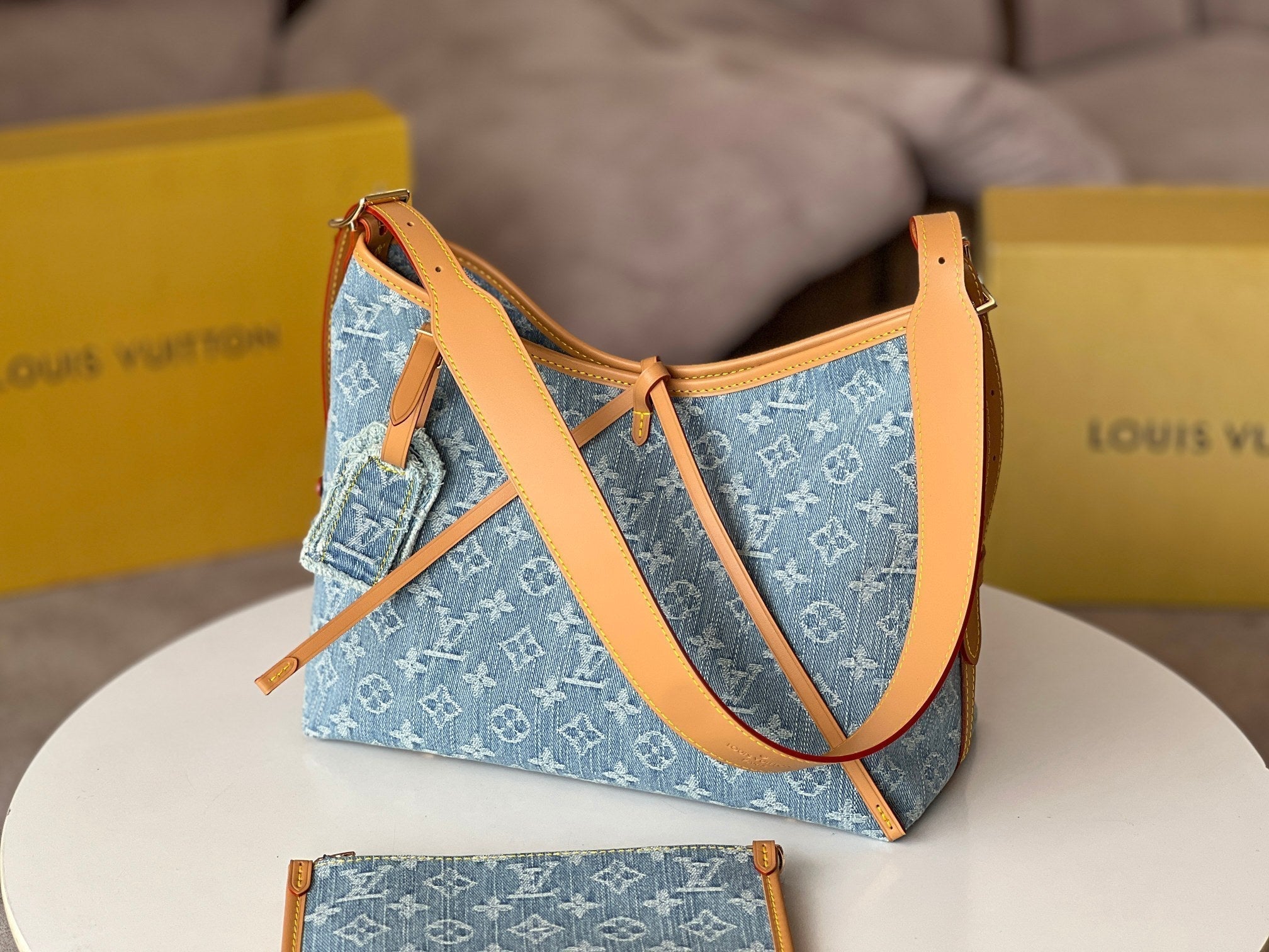 LOUIS VUITTON LV 25S CARRYALL 29 IN LIGHT BLUE DENIM MONOGRAM LEATHER TRIM