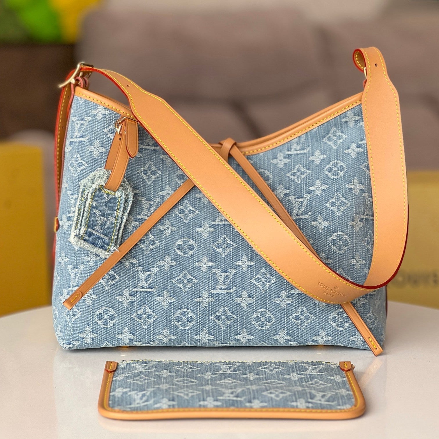 LOUIS VUITTON LV 25S CARRYALL 29 IN LIGHT BLUE DENIM MONOGRAM LEATHER TRIM
