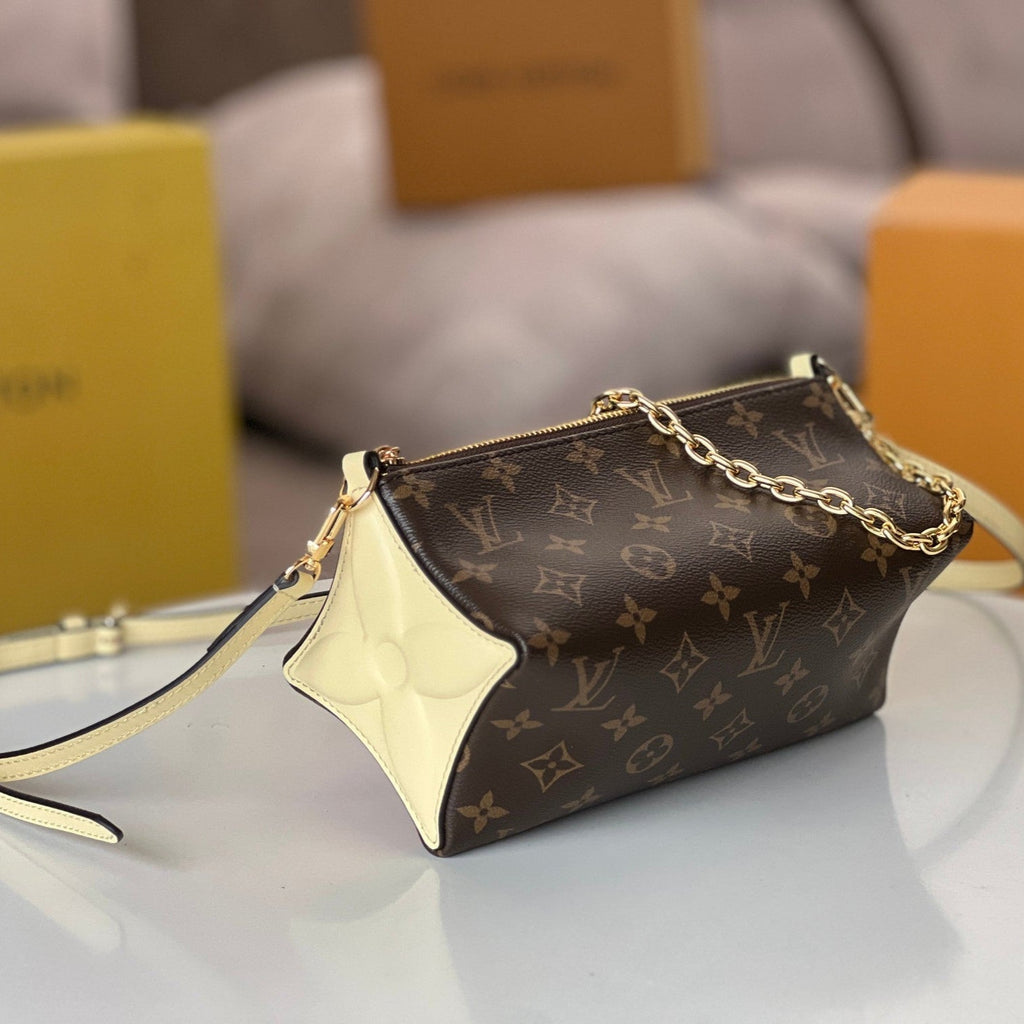 LOUIS VUITTON BLOOM POUCH 22 IN BROWN MONOGRAM CANVAS AND PASTEL YELLOW CALFSKIN SIDES