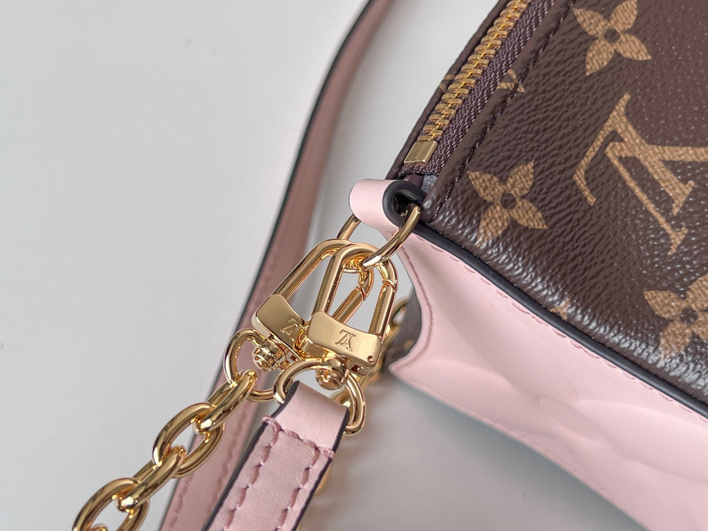 LOUIS VUITTON BLOOM POUCH 22 IN BROWN MONOGRAM CANVAS AND PASTEL PINK CALFSKIN SIDES