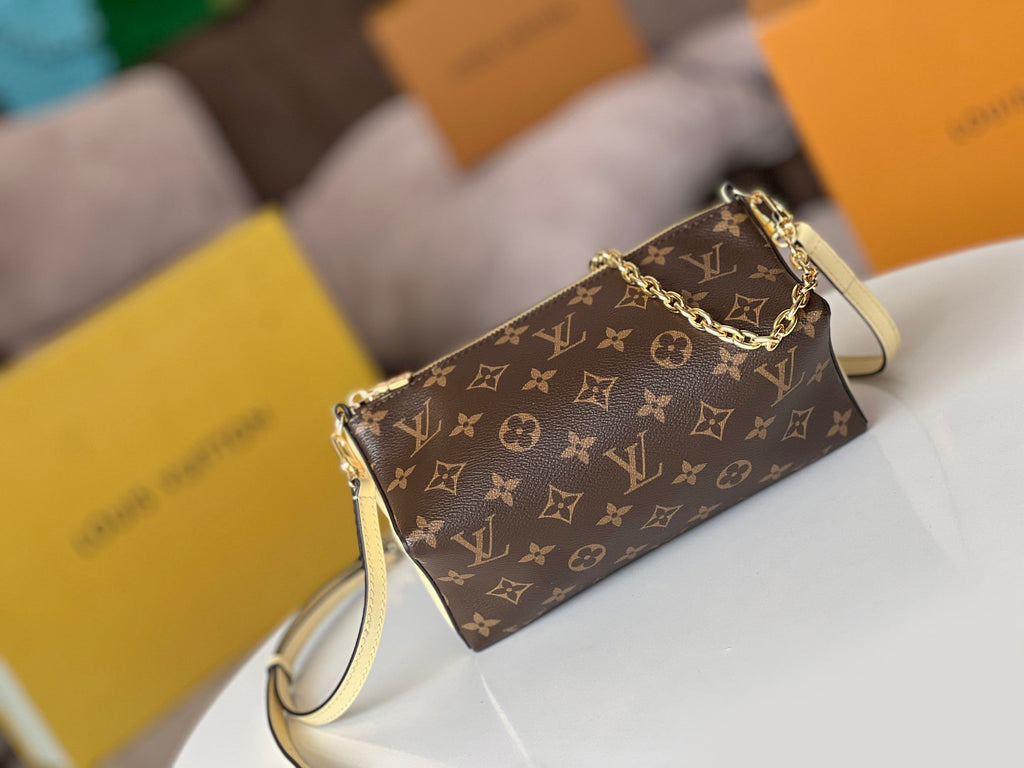 LOUIS VUITTON BLOOM POUCH 22 IN BROWN MONOGRAM CANVAS AND PASTEL YELLOW CALFSKIN SIDES