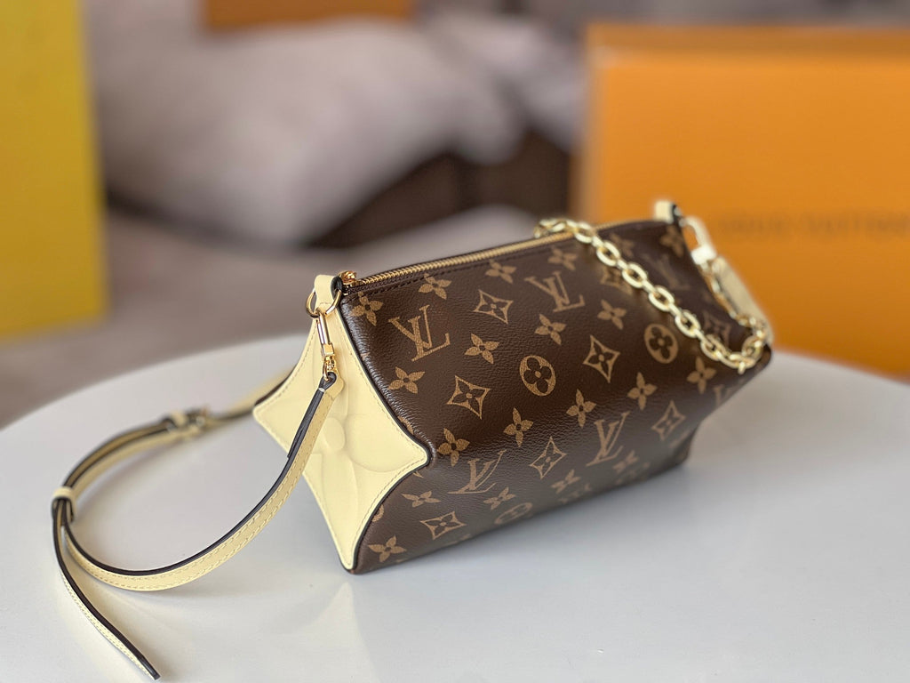 LOUIS VUITTON BLOOM POUCH 22 IN BROWN MONOGRAM CANVAS AND PASTEL YELLOW CALFSKIN SIDES