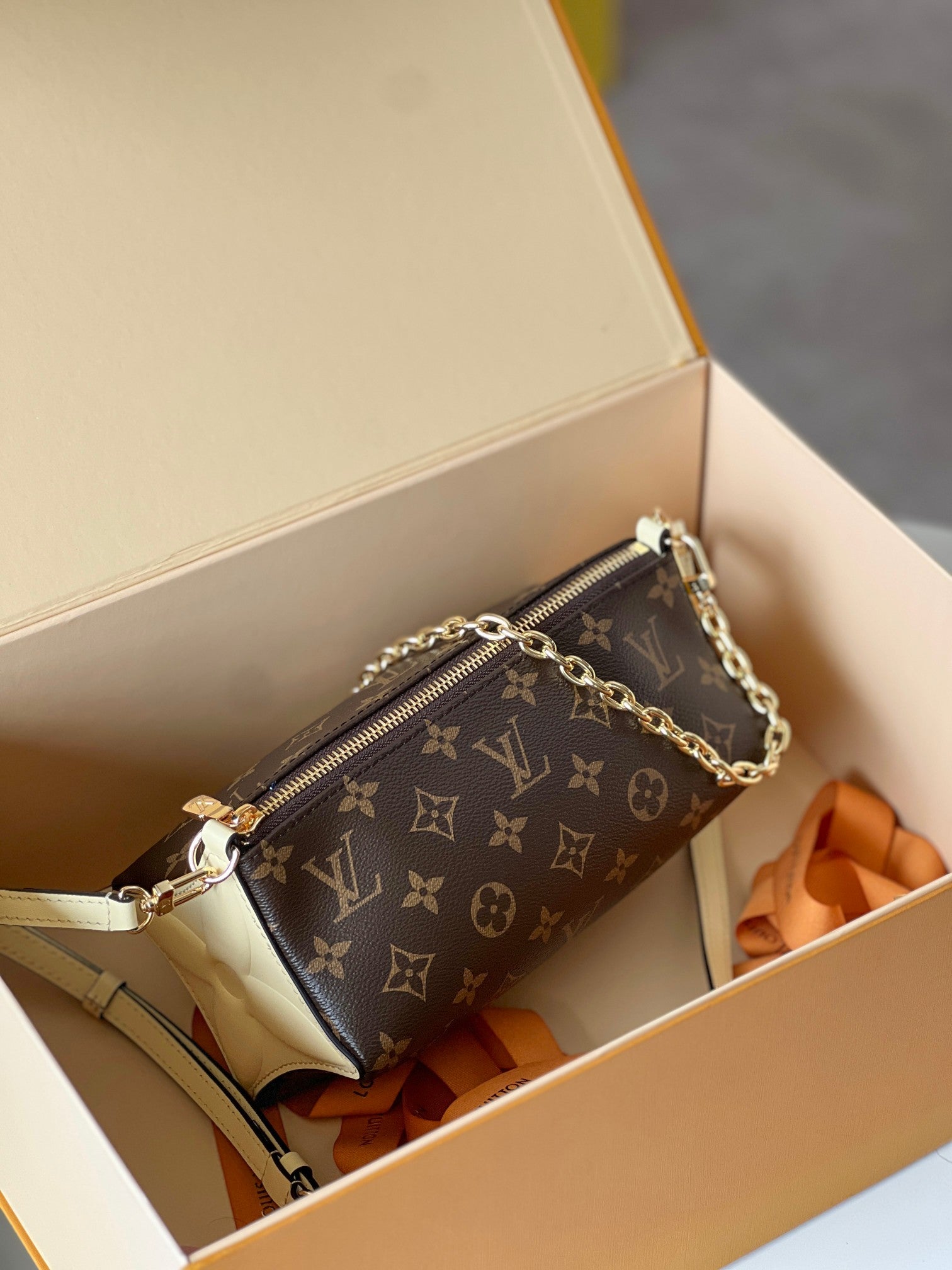 LOUIS VUITTON BLOOM POUCH 22 IN BROWN MONOGRAM CANVAS AND PASTEL YELLOW CALFSKIN SIDES