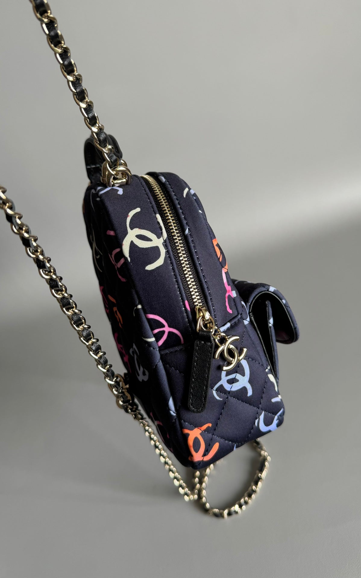 CHANEL BACKPACK 18CM BLACK & MANY OTHER COLORS PRINTED FABRIC GOLD HARDWARE
