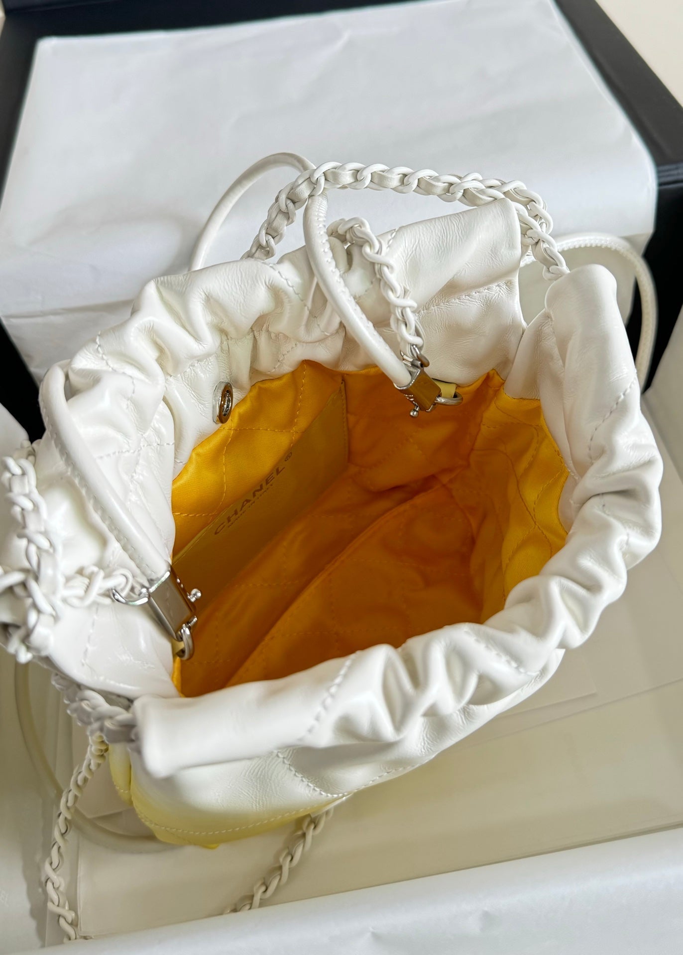 CHANEL HOBO MINI 20CM YELLOW WHITE LAMBSKIN