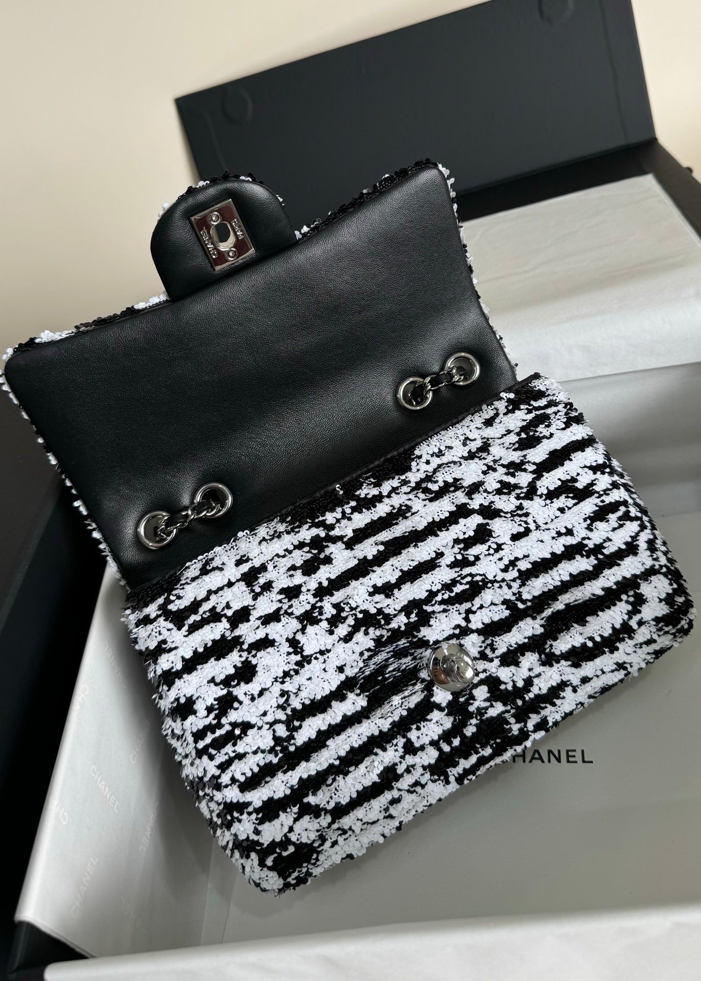 CHANEL FLAP BAG 20 IN BLACK AND WHITE SEQUINS SILVER HARDWARE