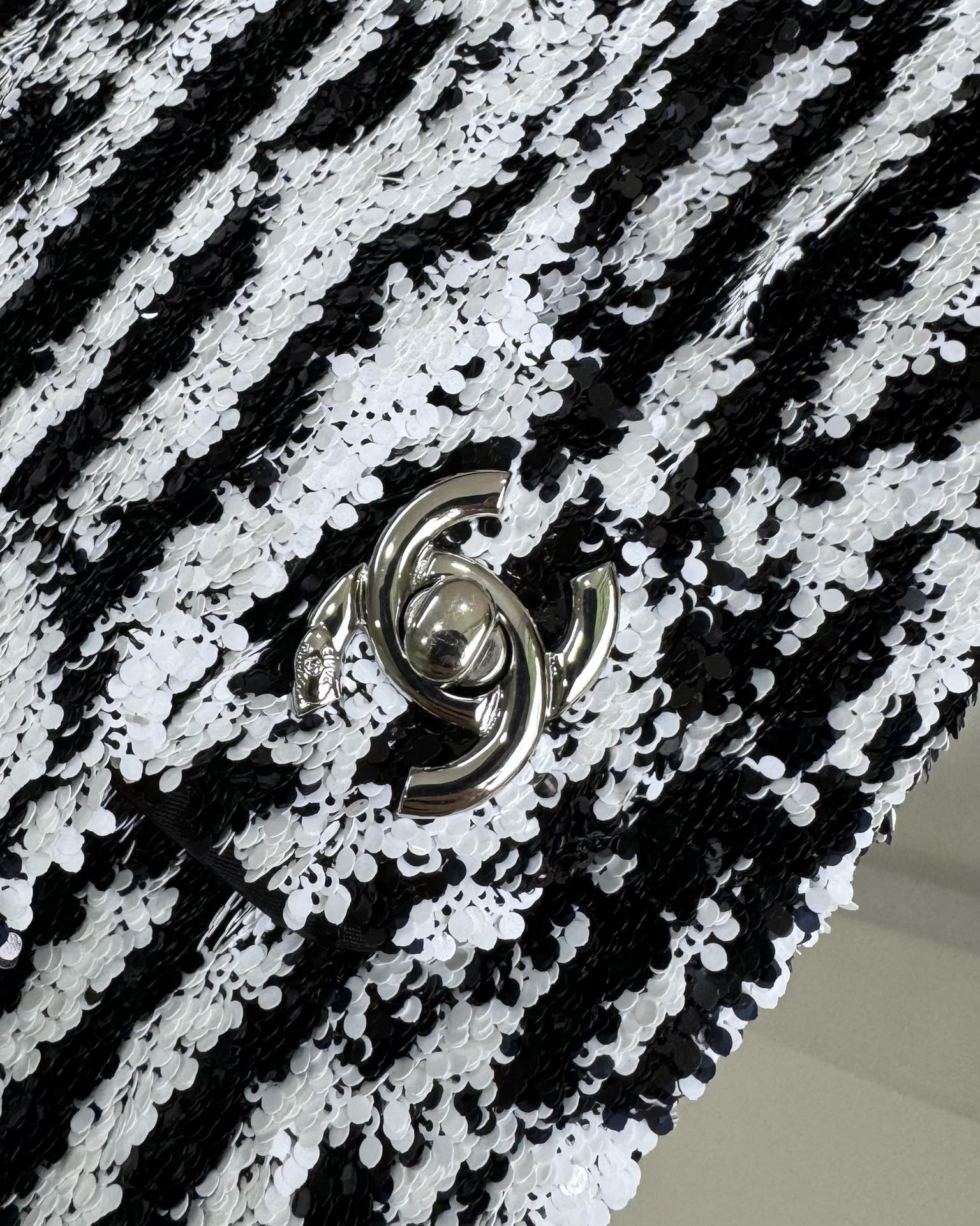 CHANEL FLAP BAG 20 IN BLACK AND WHITE SEQUINS SILVER HARDWARE
