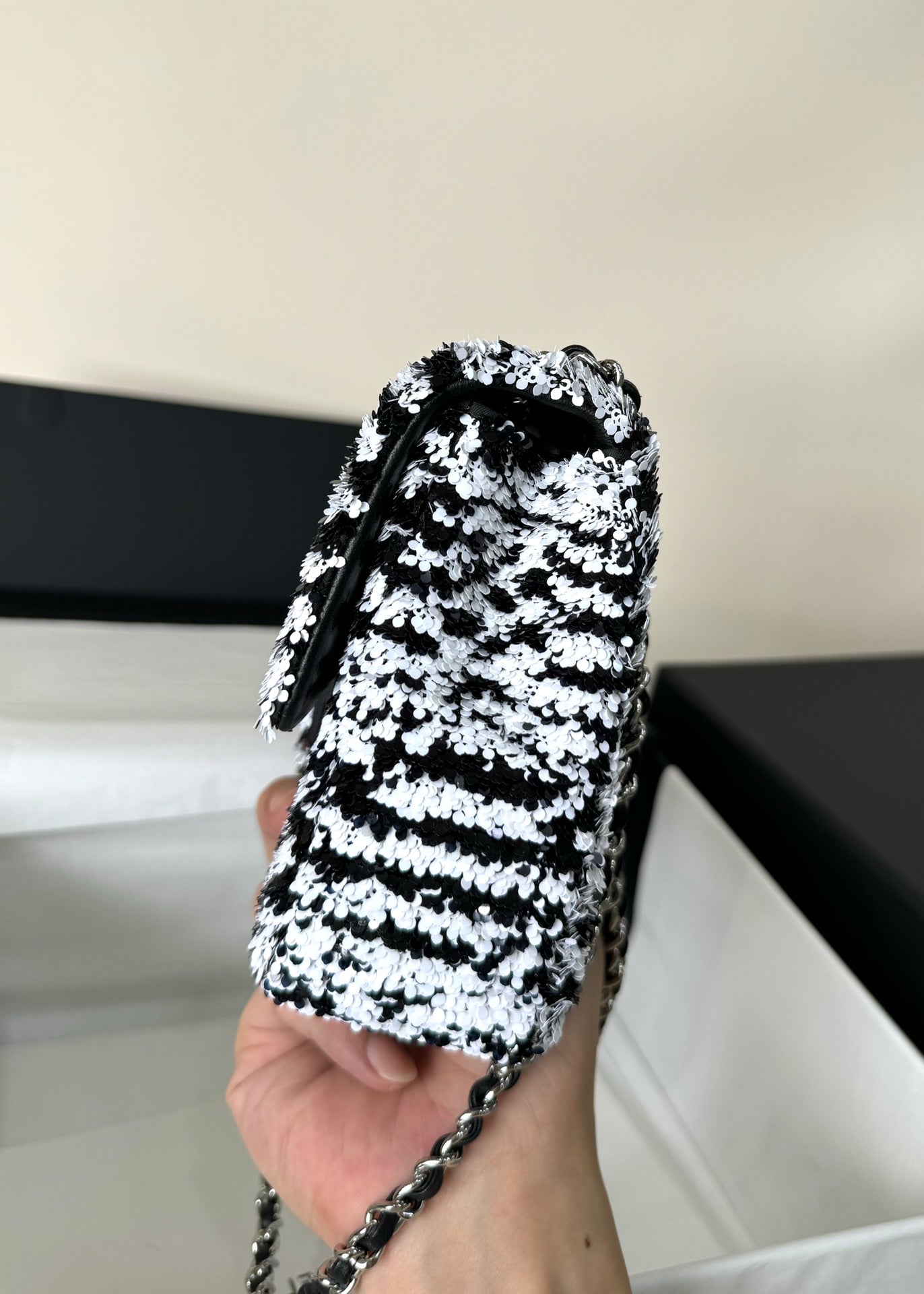 CHANEL FLAP BAG 20 IN BLACK AND WHITE SEQUINS SILVER HARDWARE