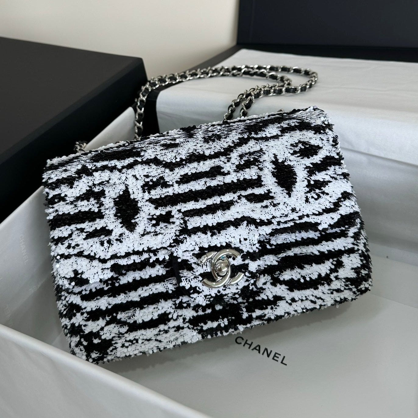 CHANEL FLAP BAG 20 IN BLACK AND WHITE SEQUINS SILVER HARDWARE