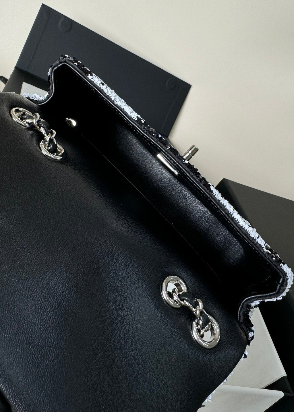 CHANEL FLAP BAG 20 IN BLACK AND WHITE SEQUINS SILVER HARDWARE