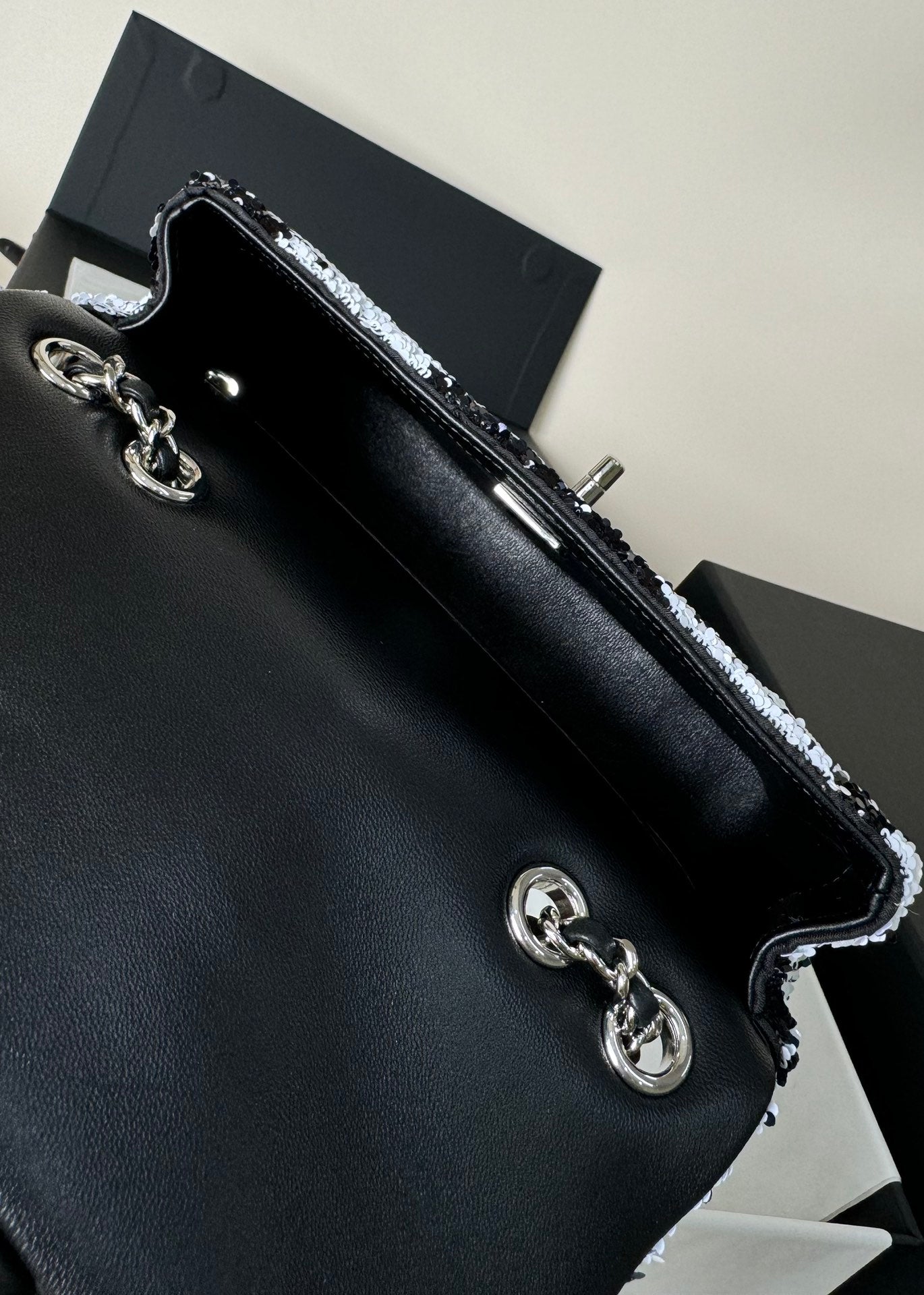 CHANEL FLAP BAG 20 IN BLACK AND WHITE SEQUINS SILVER HARDWARE