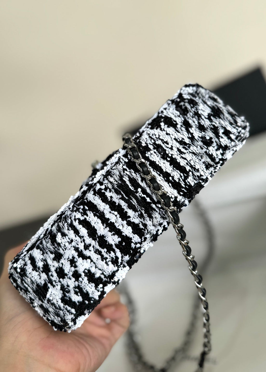 CHANEL FLAP BAG 20 IN BLACK AND WHITE SEQUINS SILVER HARDWARE