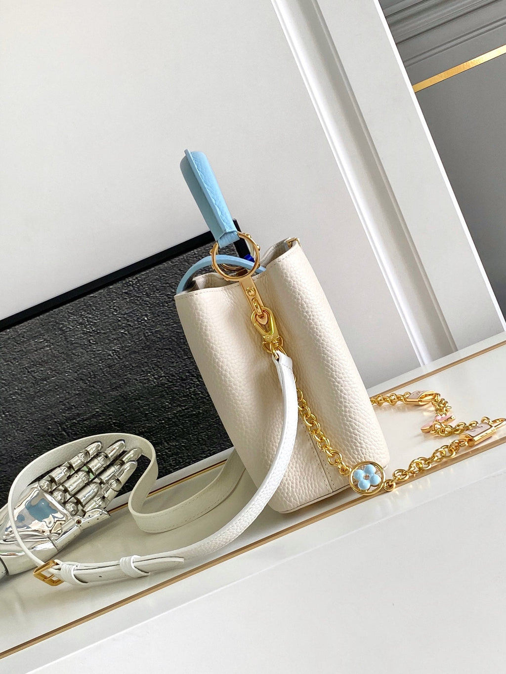 LOUIS VUITTON CAPUCINES BB 27 IN PEARL WHITE MIX SKY BLUE TAURILLON GOLD HARDWARE
