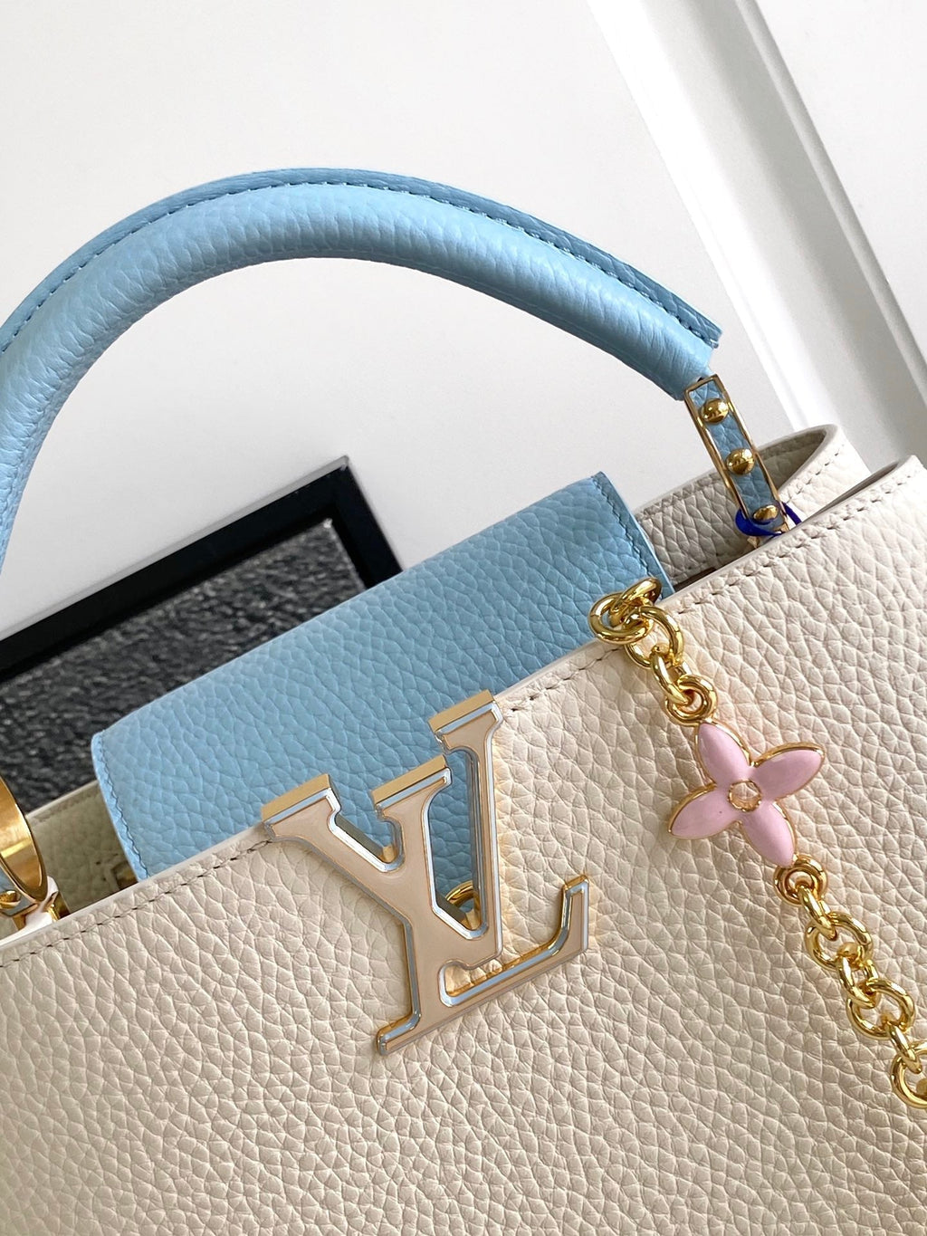 LOUIS VUITTON CAPUCINES BB 27 IN PEARL WHITE MIX SKY BLUE TAURILLON GOLD HARDWARE
