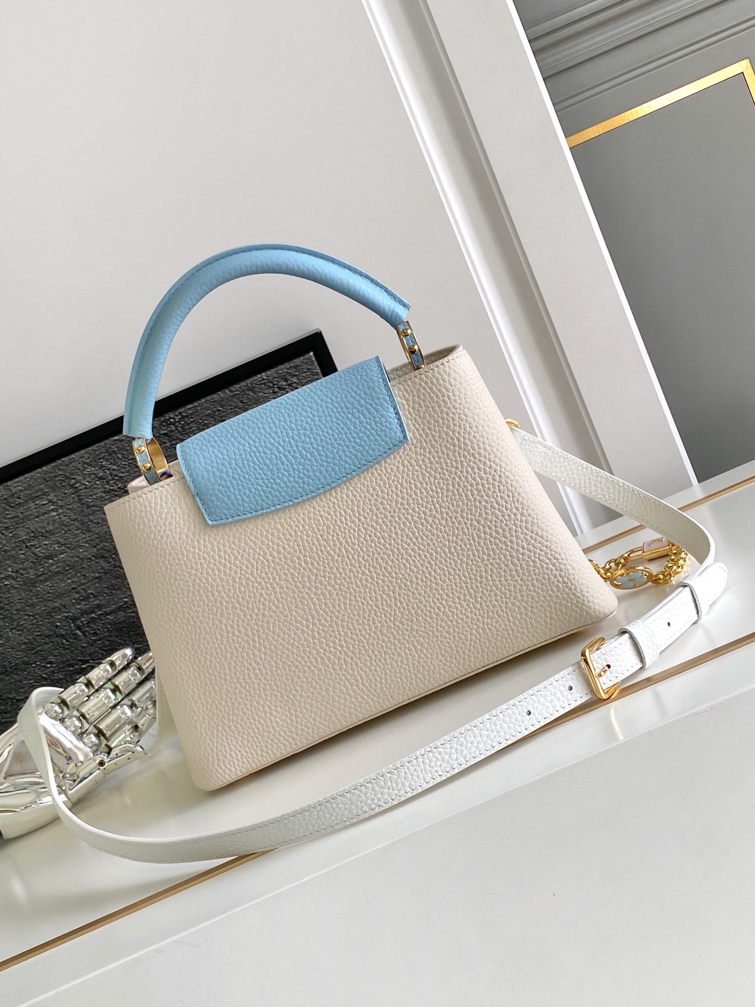 LOUIS VUITTON CAPUCINES BB 27 IN PEARL WHITE MIX SKY BLUE TAURILLON GOLD HARDWARE