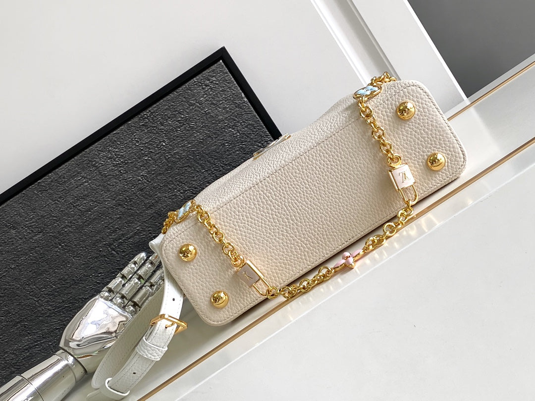 LOUIS VUITTON CAPUCINES BB 27 IN PEARL WHITE MIX SKY BLUE TAURILLON GOLD HARDWARE