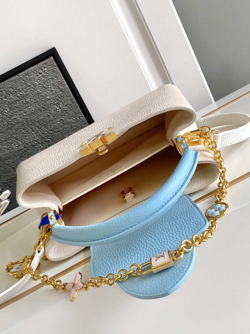 LOUIS VUITTON CAPUCINES BB 27 IN PEARL WHITE MIX SKY BLUE TAURILLON GOLD HARDWARE