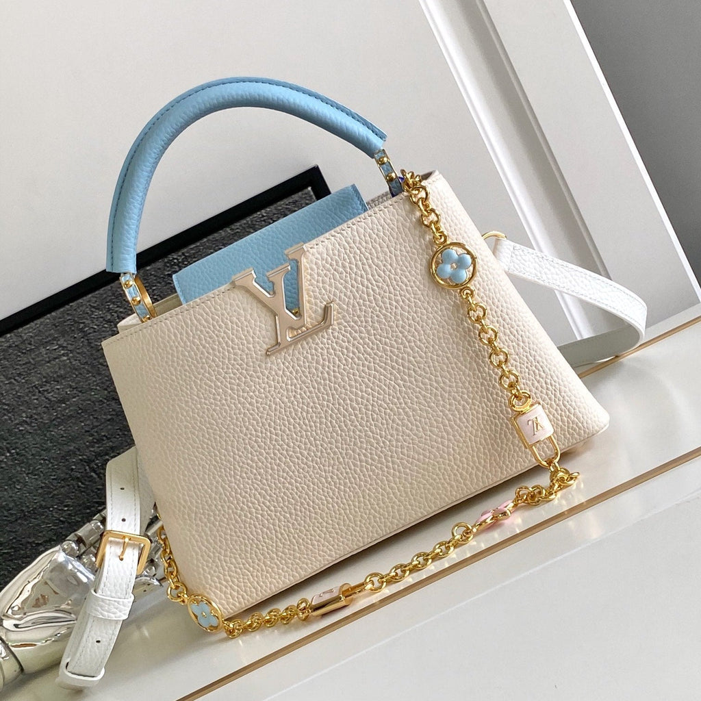 LOUIS VUITTON CAPUCINES BB 27 IN PEARL WHITE MIX SKY BLUE TAURILLON GOLD HARDWARE