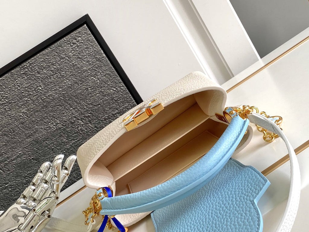 LOUIS VUITTON CAPUCINES MINI 21 IN PEARL WHITE MIX SKY BLUE TAURILLON GOLD HARDWARE