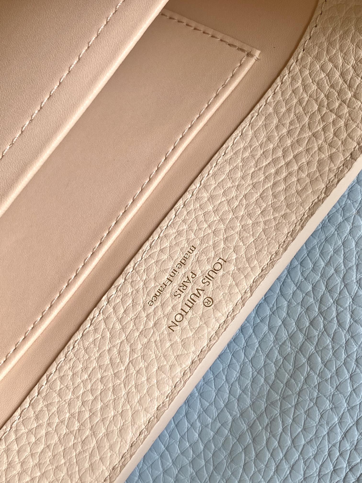 LOUIS VUITTON CAPUCINES MINI 21 IN PEARL WHITE MIX SKY BLUE TAURILLON GOLD HARDWARE