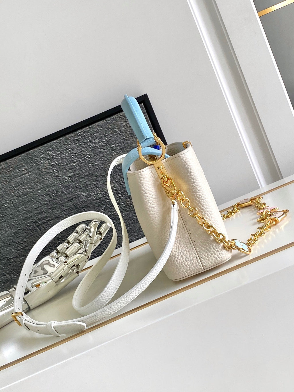 LOUIS VUITTON CAPUCINES MINI 21 IN PEARL WHITE MIX SKY BLUE TAURILLON GOLD HARDWARE
