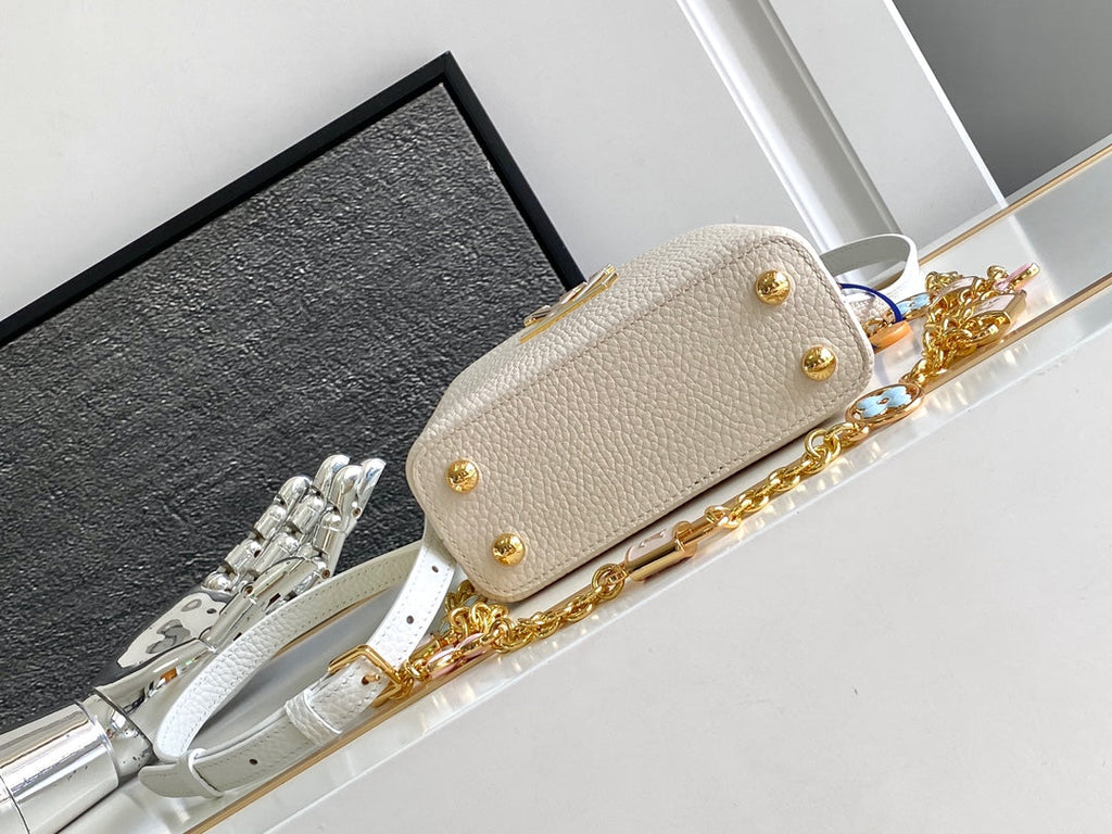 LOUIS VUITTON CAPUCINES NANO 16 IN PEARL WHITE MIX SKY BLUE TAURILLON GOLD HARDWARE