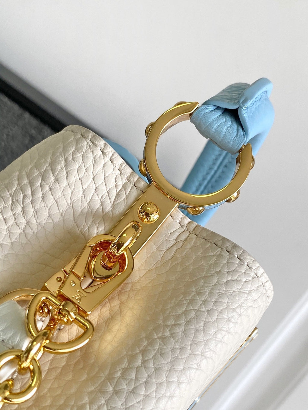 LOUIS VUITTON CAPUCINES NANO 16 IN PEARL WHITE MIX SKY BLUE TAURILLON GOLD HARDWARE