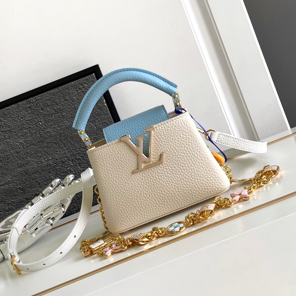 LOUIS VUITTON CAPUCINES NANO 16 IN PEARL WHITE MIX SKY BLUE TAURILLON GOLD HARDWARE