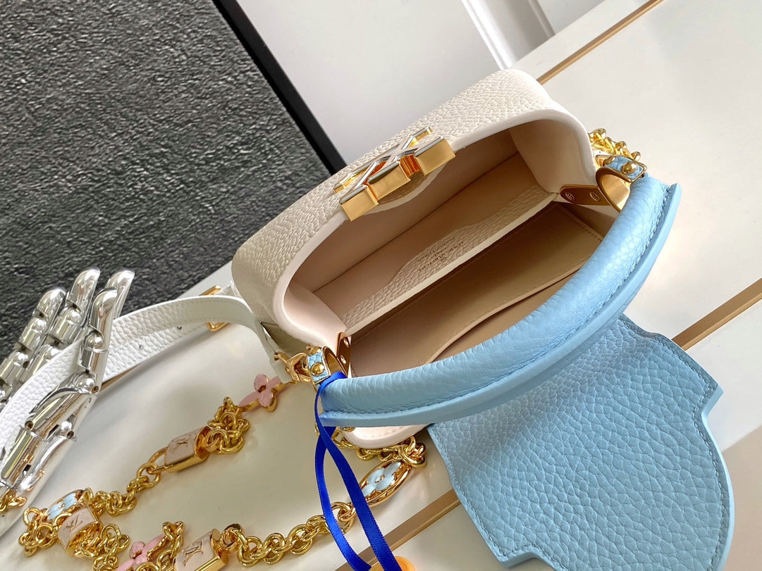 LOUIS VUITTON CAPUCINES NANO 16 IN PEARL WHITE MIX SKY BLUE TAURILLON GOLD HARDWARE