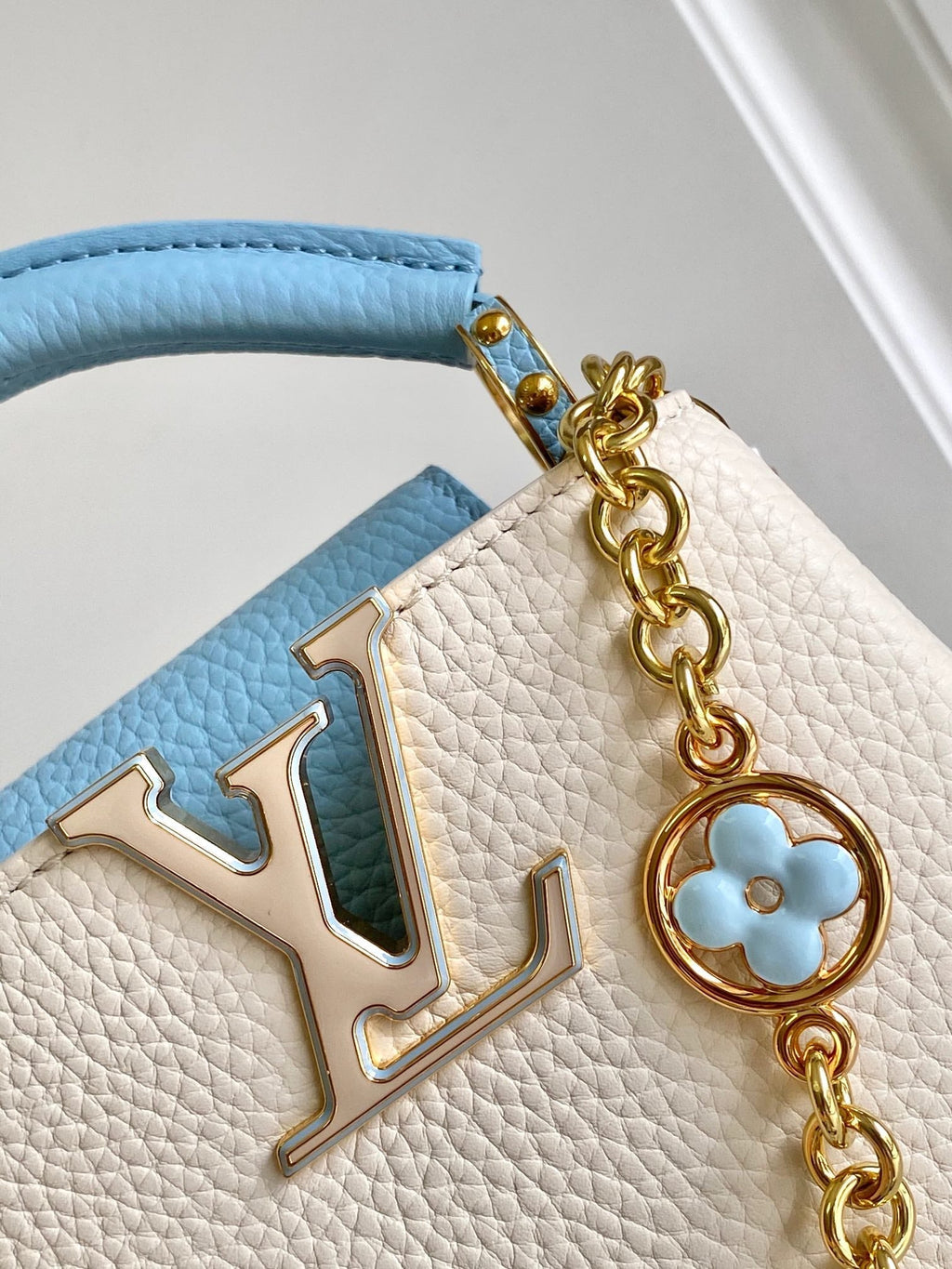 LOUIS VUITTON CAPUCINES NANO 16 IN PEARL WHITE MIX SKY BLUE TAURILLON GOLD HARDWARE