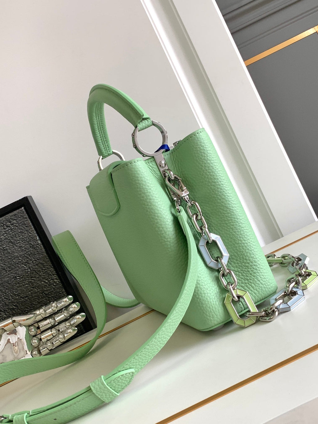 LOUIS VUITTON CAPUCINES BB 27 IN LIGHT GREEN TAURILLON SILVER HARDWARE