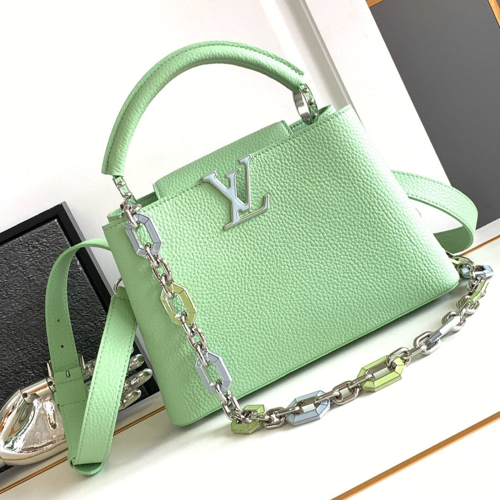 LOUIS VUITTON CAPUCINES BB 27 IN LIGHT GREEN TAURILLON SILVER HARDWARE