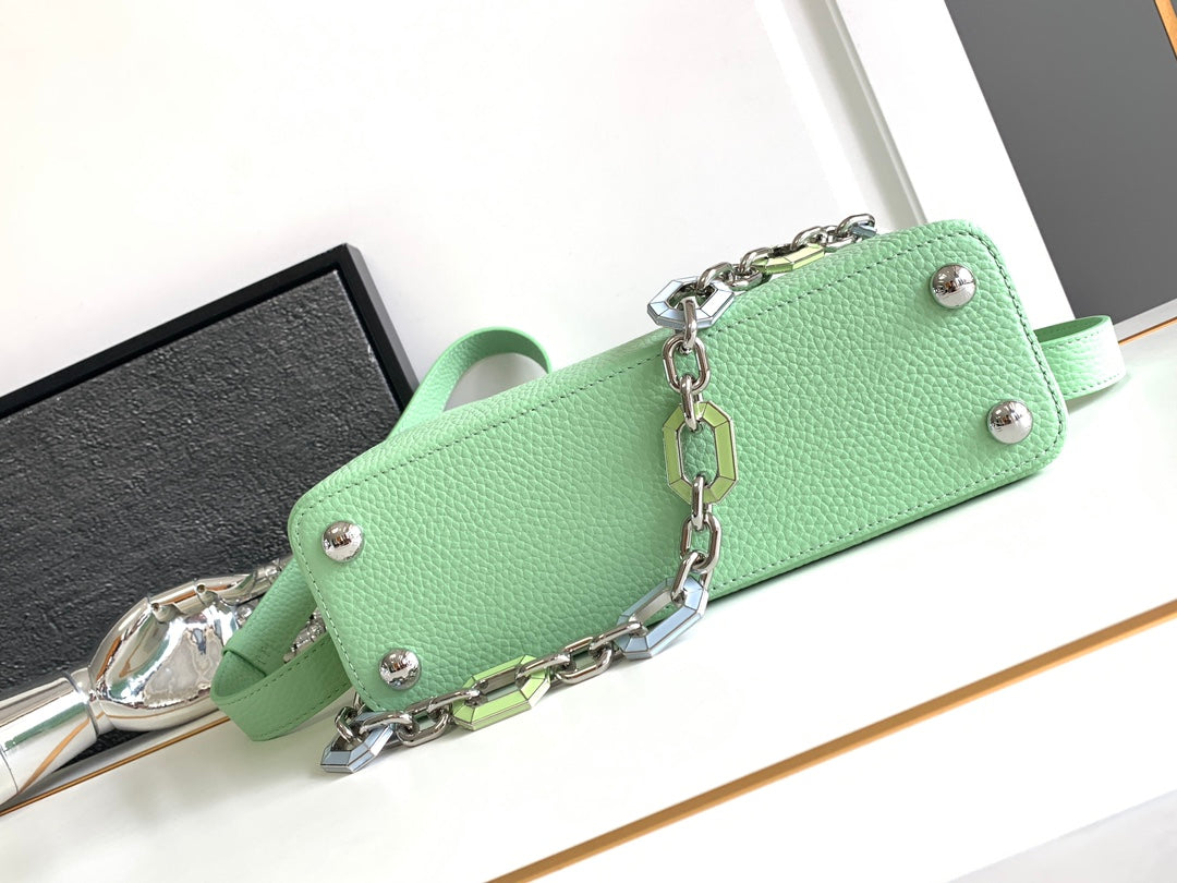 LOUIS VUITTON CAPUCINES BB 27 IN LIGHT GREEN TAURILLON SILVER HARDWARE