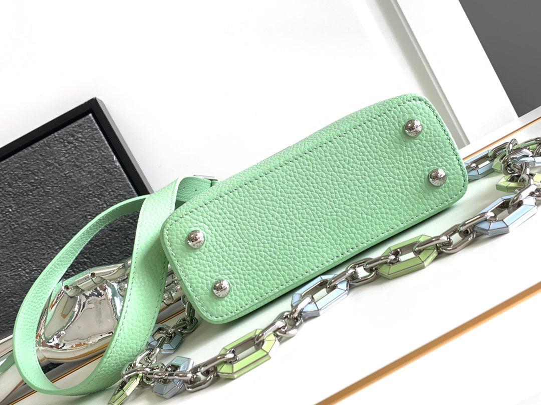 LOUIS VUITTON CAPUCINES MINI 21 IN LIGHT GREEN TAURILLON SILVER HARDWARE