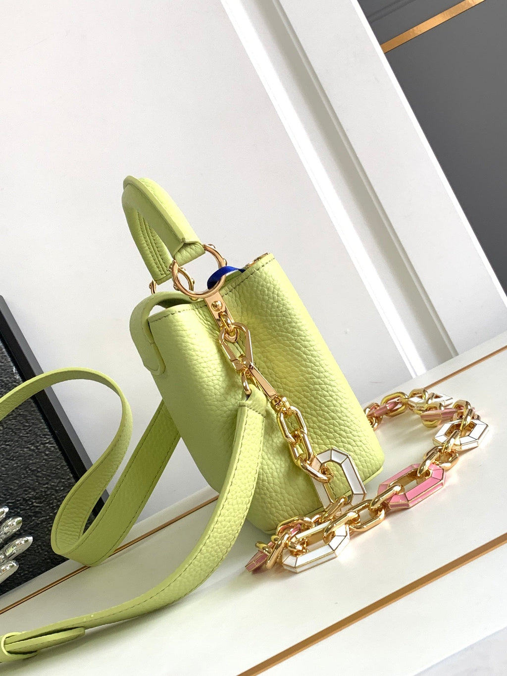 LOUIS VUITTON CAPUCINES MINI 21 IN PEAR GREEN TAURILLON GOLD HARDWARE