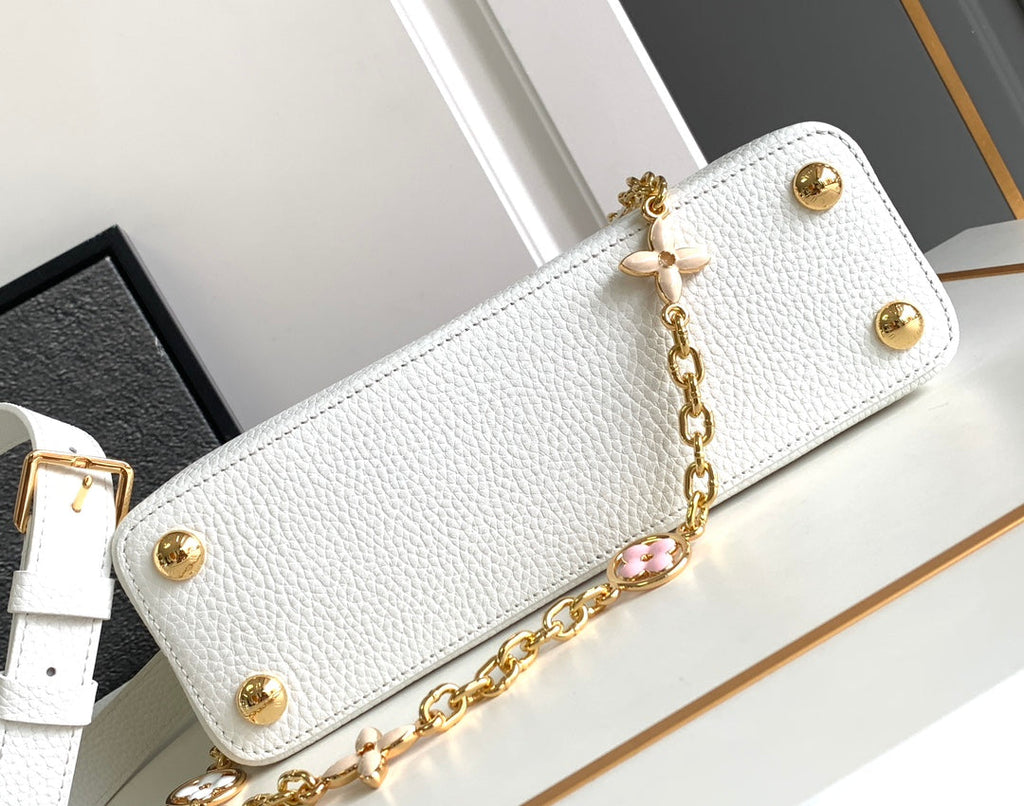 LOUIS VUITTON CAPUCINES BB 27 IN WHITE MIX PINK AND BEIGE TAURILLON GOLD HARDWARE