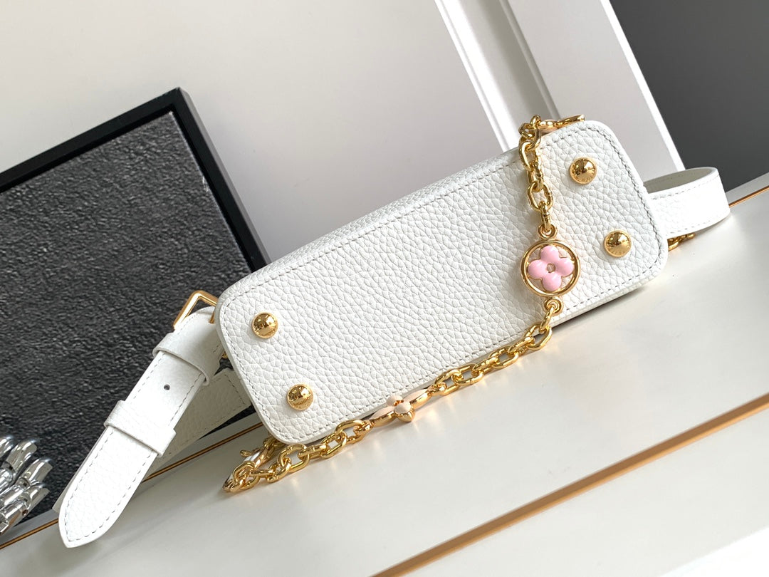 LOUIS VUITTON CAPUCINES MINI 21 IN WHITE MIX PINK AND BEIGE TAURILLON GOLD HARDWARE