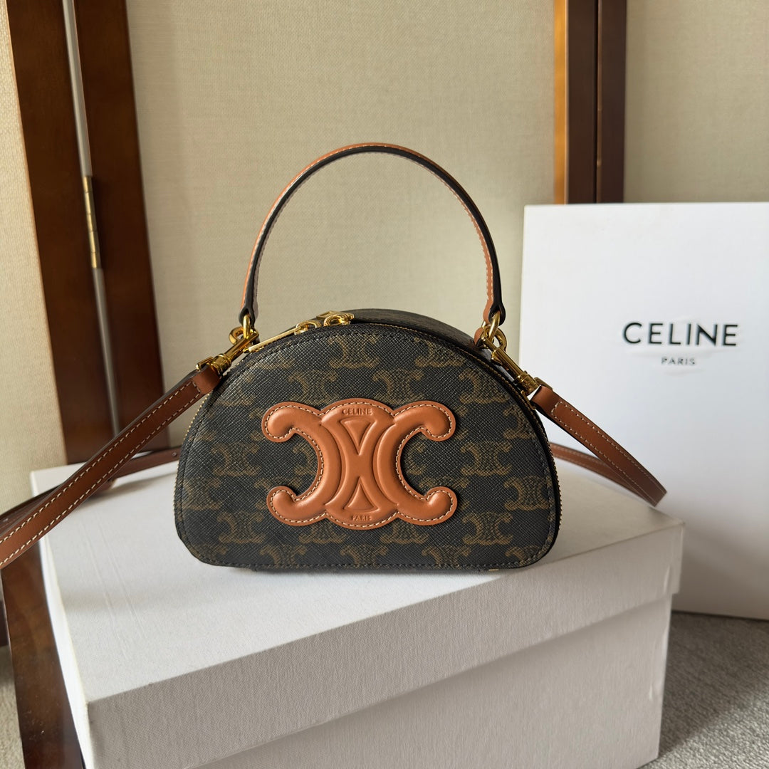 CELINE HALF MOON CASE 18 IN BLACK TRIOMPHE CANVAS AND BRONZE BROWN CALFSKIN