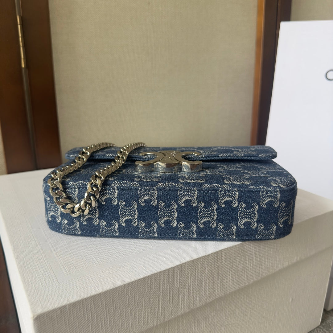 CELINE CHAIN SHOULDER BAG CLAUDE 20 IN BAYOUX BLUE TRIOMPHE DENIM SILVER HARDWARE