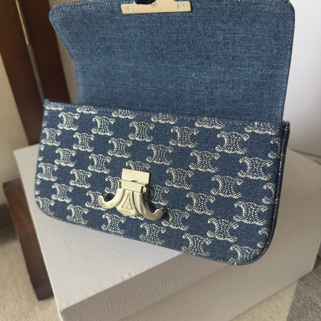 CELINE CHAIN SHOULDER BAG CLAUDE 20 IN BAYOUX BLUE TRIOMPHE DENIM SILVER HARDWARE