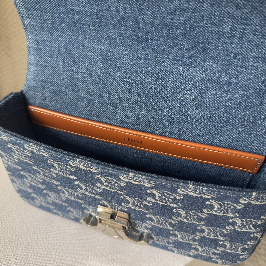 CELINE CHAIN SHOULDER BAG CLAUDE 20 IN BAYOUX BLUE TRIOMPHE DENIM SILVER HARDWARE