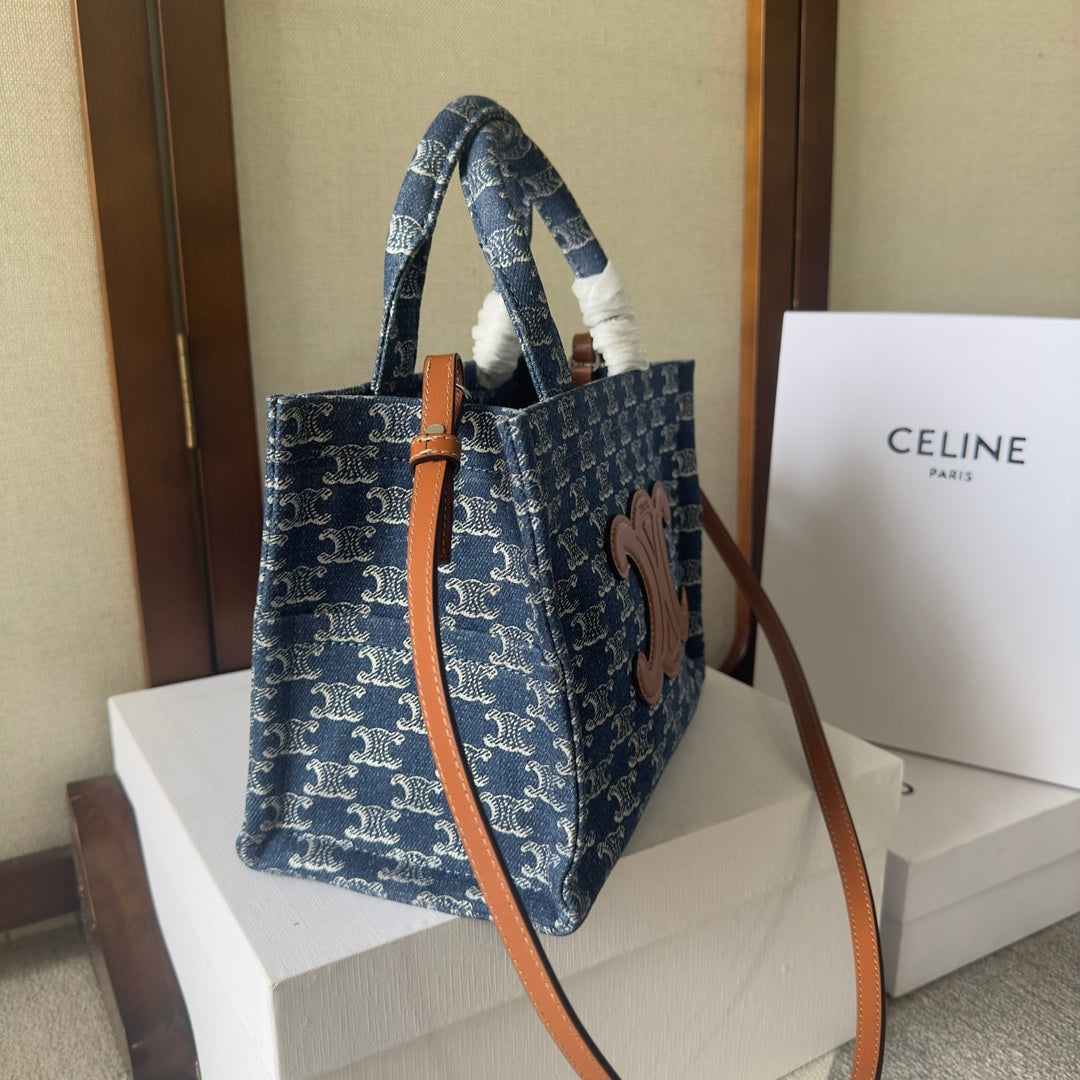 CELINE SMALL CABAS THAIS 25 IN BAYOUX BLUE TRIOMPHE DENIM AND BRONZE BROWN CALFSKIN