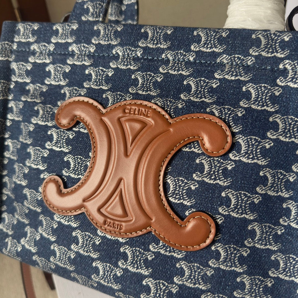 CELINE SMALL CABAS THAIS 25 IN BAYOUX BLUE TRIOMPHE DENIM AND BRONZE BROWN CALFSKIN