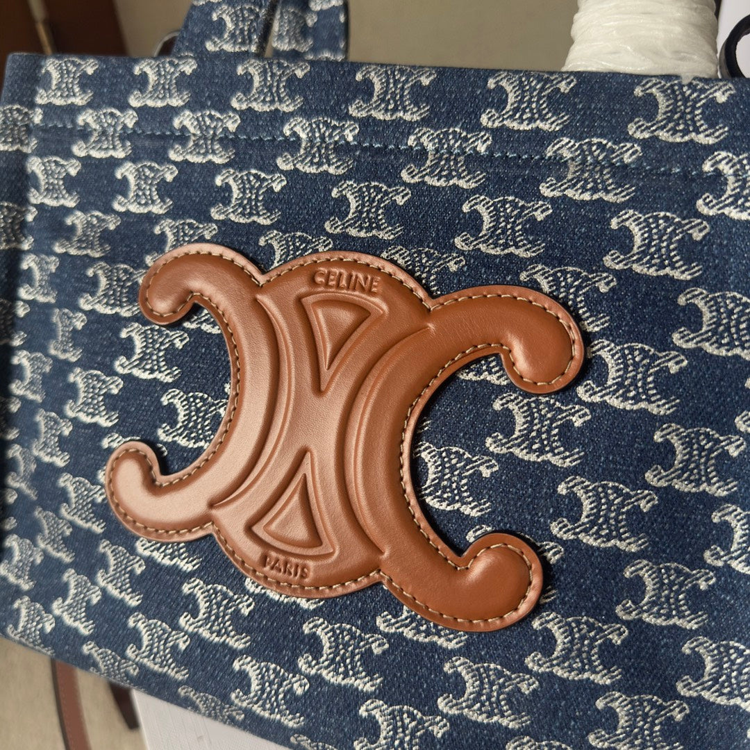 CELINE SMALL CABAS THAIS 25 IN BAYOUX BLUE TRIOMPHE DENIM AND BRONZE BROWN CALFSKIN